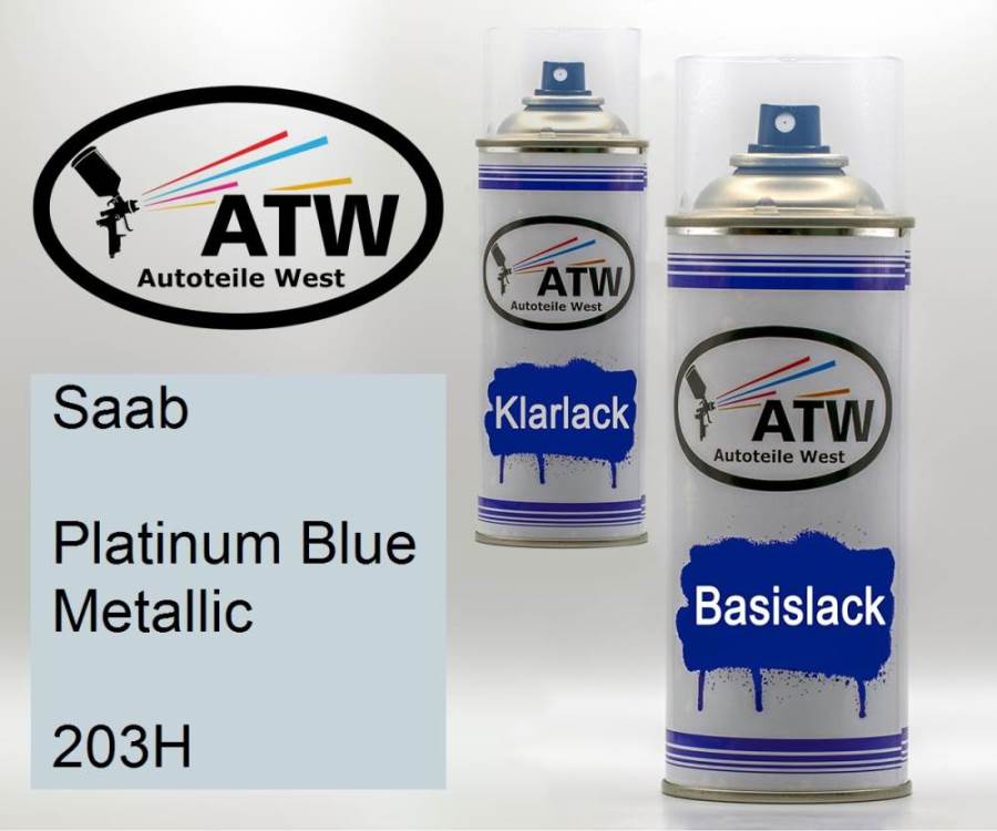 Saab, Platinum Blue Metallic, 203H: 400ml Sprühdose + 400ml Klarlack - Set, von ATW Autoteile West.